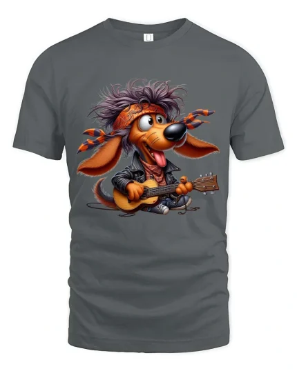 Funny Rocker Dog Playing Guitar Graphic T Shirt Music Lover Style - gray t-shirt on white background
