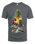 Running Horse Tropical Landscape Graphic T Shirt Sunset Island Vibes - gray t-shirt on white background