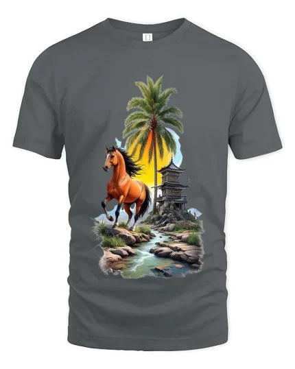 Running Horse Tropical Landscape Graphic T Shirt Sunset Island Vibes - gray t-shirt on white background