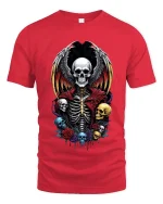 Gothic Winged Skull Skeleton Graphic T Shirt Dark Fantasy Vibes - red t-shirt on white background