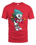 Graffiti Skeleton Artist Graphic T Shirt Funny Street Art Style Tee - red t-shirt on white background