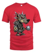 Punk Wolf Warrior Graphic T Shirt Spiked Armor Cartoon Battle Style - red t-shirt on white background