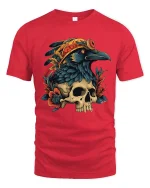 Gothic Raven Skull Graphic T Shirt Dark Floral Bird Art Style Tee - red t-shirt on white background