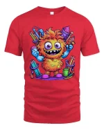 Funny Cute Monster Artist Graphic T Shirt Colorful Cartoon Art Style - red t-shirt on white background
