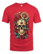 Floral Skull Rose Graphic T Shirt Vintage Gothic Art Style Tee - red t-shirt on white background
