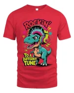 Rocking Dinosaur Graphic T Shirt Funny Music Lover Cartoon Style Tee - red t-shirt on white background