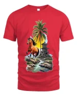 Running Horse Tropical Landscape Graphic T Shirt Sunset Island Vibes - red t-shirt on white background