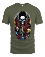 Gothic Winged Skull Skeleton Graphic T Shirt Dark Fantasy Vibes - military green t-shirt on white background