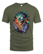 Funny Zombie Eating Pizza Graphic T Shirt Crazy Horror Cartoon Tee - military green t-shirt on white background