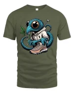 Streetwear Alien Bug Graphic T Shirt Cool Urban Cartoon Style Tee - military green t-shirt on white background