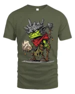 Funny Frog Warrior Graphic T Shirt Fantasy Cartoon Card Player Tee - military green t-shirt on white background