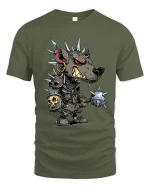 Punk Wolf Warrior Graphic T Shirt Spiked Armor Cartoon Battle Style - military green t-shirt on white background