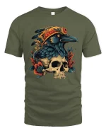 Gothic Raven Skull Graphic T Shirt Dark Floral Bird Art Style Tee - military green t-shirt on white background
