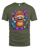 Funny Cute Monster Artist Graphic T Shirt Colorful Cartoon Art Style - military green t-shirt on white background