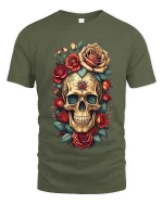 Floral Skull Rose Graphic T Shirt Vintage Gothic Art Style Tee - military green t-shirt on white background
