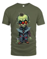 Creepy Zombie Clown Graphic T Shirt Funny Horror Cartoon Style Tee - military green t-shirt on white background