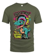 Rocking Dinosaur Graphic T Shirt Funny Music Lover Cartoon Style Tee - military green t-shirt on white background