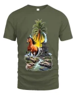 Running Horse Tropical Landscape Graphic T Shirt Sunset Island Vibes - military green t-shirt on white background