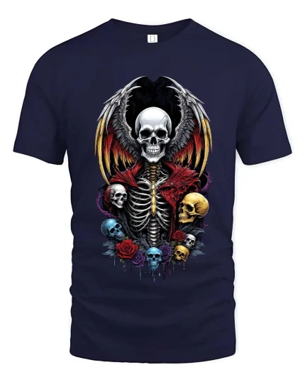 Gothic Winged Skull Skeleton Graphic T Shirt Dark Fantasy Vibes - navy t-shirt on white background