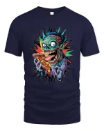 Funny Zombie Eating Pizza Graphic T Shirt Crazy Horror Cartoon Tee - navy t-shirt on white background
