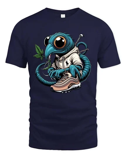 Streetwear Alien Bug Graphic T Shirt Cool Urban Cartoon Style Tee - navy t-shirt on white background