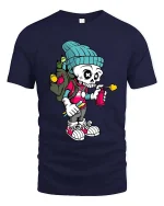 Graffiti Skeleton Artist Graphic T Shirt Funny Street Art Style Tee - navy t-shirt on white background