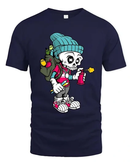 Graffiti Skeleton Artist Graphic T Shirt Funny Street Art Style Tee - navy t-shirt on white background