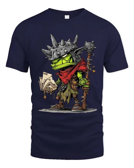 Funny Frog Warrior Graphic T Shirt Fantasy Cartoon Card Player Tee - navy t-shirt on white background
