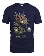 Punk Wolf Warrior Graphic T Shirt Spiked Armor Cartoon Battle Style - navy t-shirt on white background