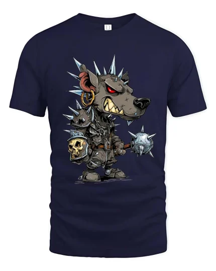 Punk Wolf Warrior Graphic T Shirt Spiked Armor Cartoon Battle Style - navy t-shirt on white background