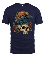 Gothic Raven Skull Graphic T Shirt Dark Floral Bird Art Style Tee - navy t-shirt on white background