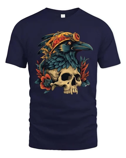 Gothic Raven Skull Graphic T Shirt Dark Floral Bird Art Style Tee - navy t-shirt on white background