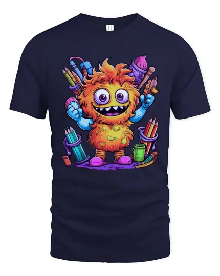Funny Cute Monster Artist Graphic T Shirt Colorful Cartoon Art Style - navy t-shirt on white background