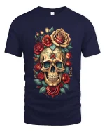 Floral Skull Rose Graphic T Shirt Vintage Gothic Art Style Tee - navy t-shirt on white background