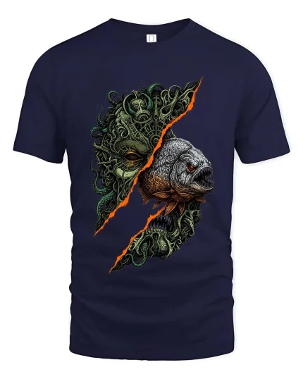 Horror Deep Sea Monster Fish Graphic T Shirt Dark Ocean Creature Art - navy t-shirt on white background