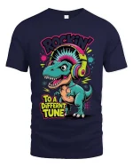 Rocking Dinosaur Graphic T Shirt Funny Music Lover Cartoon Style Tee - navy t-shirt on white background