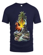 Running Horse Tropical Landscape Graphic T Shirt Sunset Island Vibes - navy t-shirt on white background