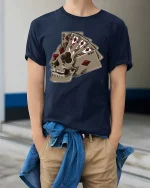 Dead Hand Winning Poker Skull Graphic T Shirt Lucky Card Style - model wearing navy tee with hands in pockets