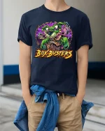 Box Busters Monster Dog Graphic T Shirt Funny Delivery Chaos Style - model wearing navy tee with hands in pockets