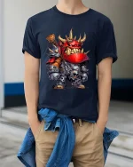 Funny Orc Warrior Graphic T Shirt Fantasy Cartoon Battle Style Tee - model wearing navy tee with hands in pockets