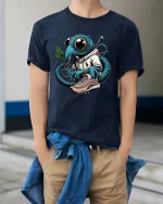 Streetwear Alien Bug Graphic T Shirt Cool Urban Cartoon Style Tee - model wearing navy tee with hands in pockets