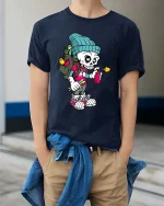Graffiti Skeleton Artist Graphic T Shirt Funny Street Art Style Tee - model wearing navy tee with hands in pockets