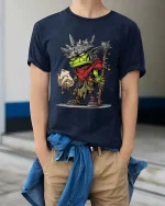 Funny Frog Warrior Graphic T Shirt Fantasy Cartoon Card Player Tee - model wearing navy tee with hands in pockets