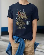 Punk Wolf Warrior Graphic T Shirt Spiked Armor Cartoon Battle Style - model wearing navy tee with hands in pockets