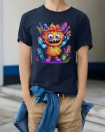 Funny Cute Monster Artist Graphic T Shirt Colorful Cartoon Art Style - model wearing navy tee with hands in pockets