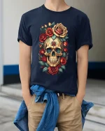 Floral Skull Rose Graphic T Shirt Vintage Gothic Art Style Tee - model wearing navy tee with hands in pockets