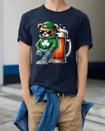 Cool Bear Beer Graphic T Shirt Funny Irish Vibes Lucky Style Tee - model wearing navy tee with hands in pockets
