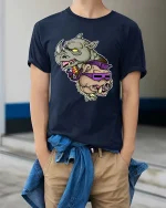 Rhino And Boar Street Style Graphic T Shirt Funny Wild Attitude Tee - model wearing navy tee with hands in pockets