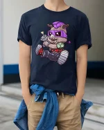Punk Boar Cartoon Graphic T Shirt Funny Rebel Street Style Vibes - model wearing navy tee with hands in pockets