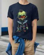 Creepy Zombie Clown Graphic T Shirt Funny Horror Cartoon Style Tee - model wearing navy tee with hands in pockets